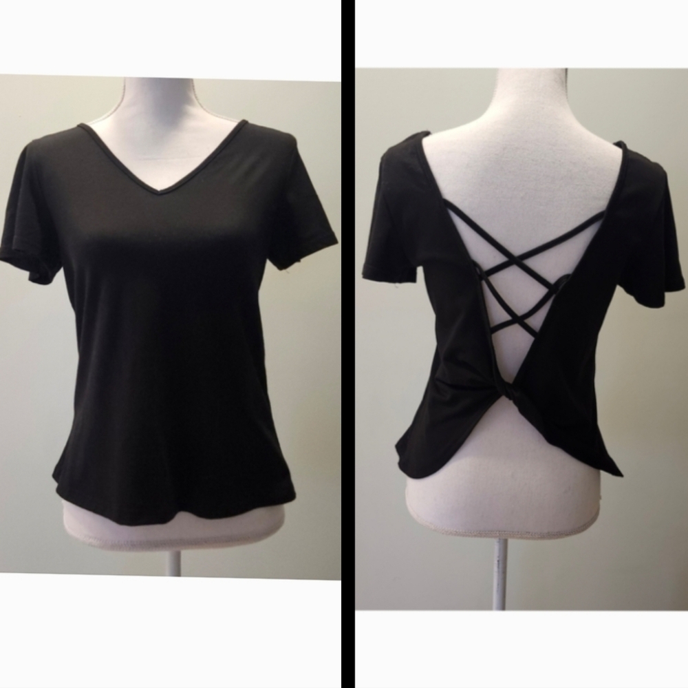 SHEIN | Basic Black V-Neck Short Sleeve Top w/ Lattice Back